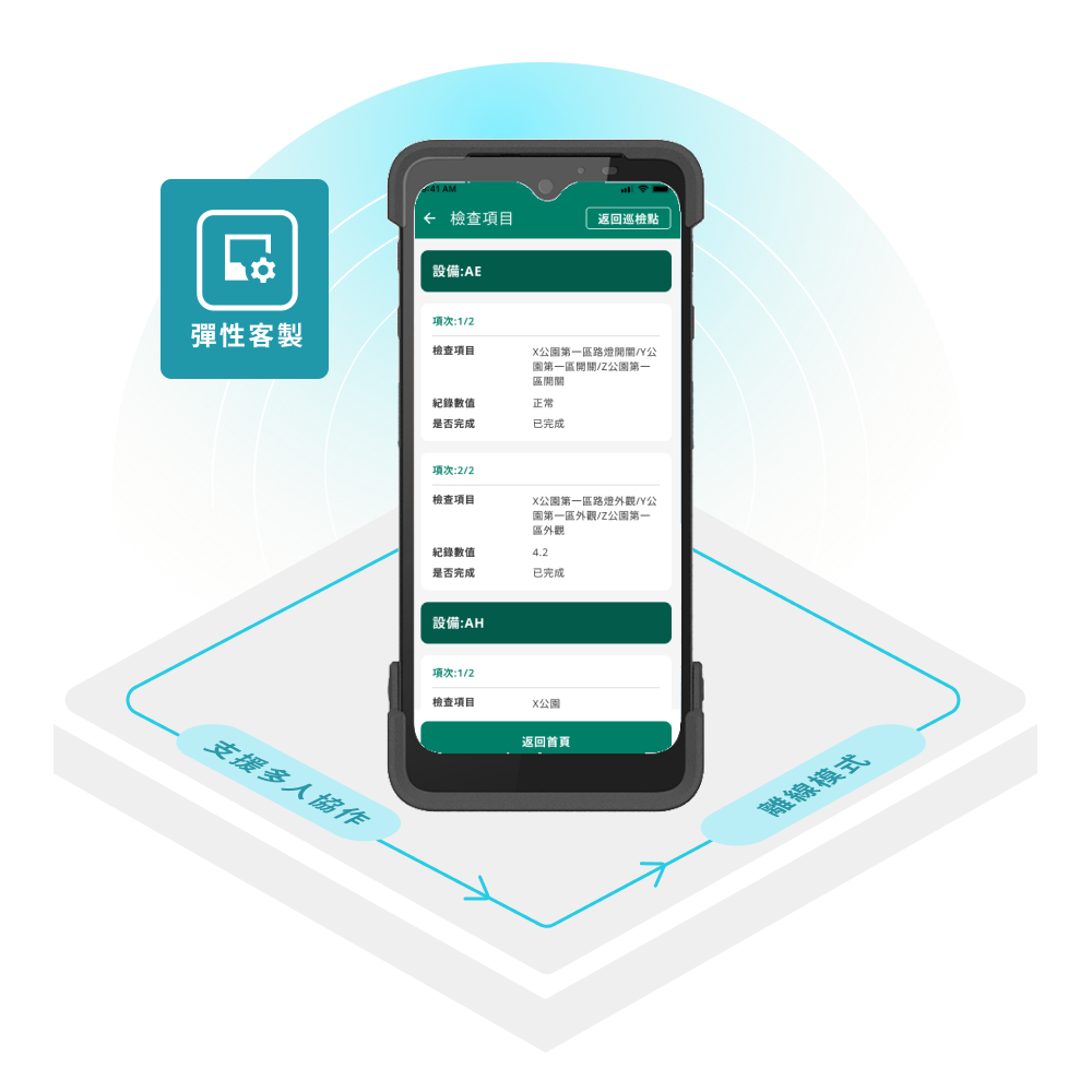 可依場域需求客製檢查項目並支援多人巡檢